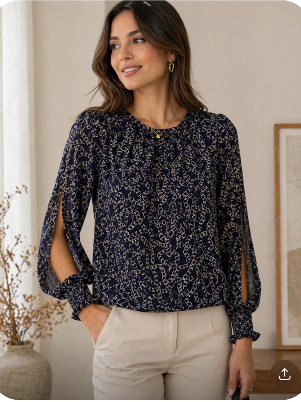 Michael Kors Navy Blue & Gold Chain Print Blouse - Smocked Cuffs - Size XL